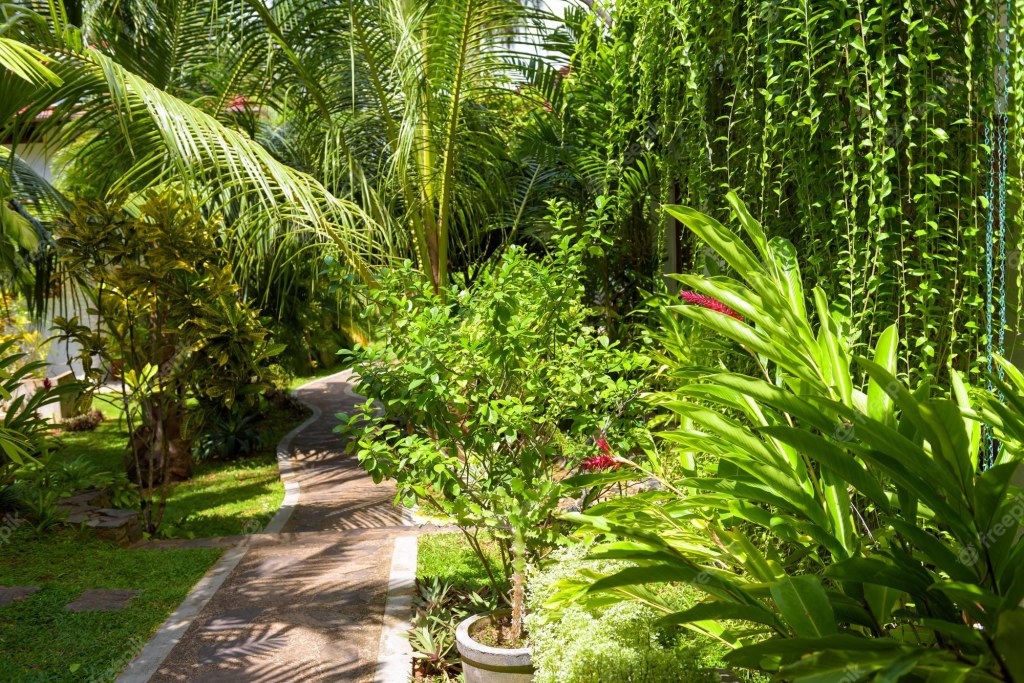 Picture of: Premium Photo  Tropical landscaping in home garden lush foliage